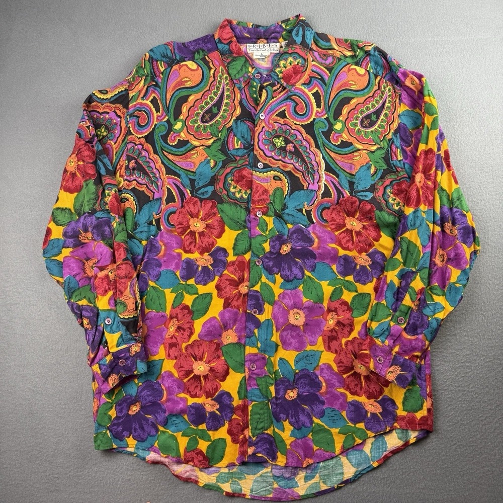 Tribes Floral Paisley Shirt Mens Size‎ Large Rayon Colorful Whimsical Maximalist